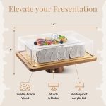 Acacia Wood Cake Stand with Lid - Rectangular Cake Holder, 2-in-1 Dessert Table Display Set & Charcuterie Board for Cheese, Chips, Fruit Platter, Large Acrylic Cake Dome Cover, No Glass