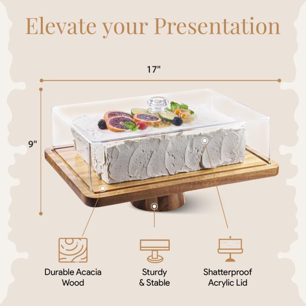 Acacia Wood Cake Stand with Lid - Rectangular Cake Holder, 2-in-1 Dessert Table Display Set & Charcuterie Board for Cheese, Chips, Fruit Platter, Large Acrylic Cake Dome Cover, No Glass