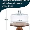 Libbey Acacia Wood Cake Stand with Lid, Footed Round Cake Container, Ball Top Handle Covered Cake Stand, Durable Glass Dome Cover