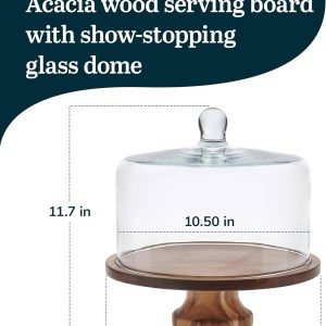 Libbey Acacia Wood Cake Stand with Lid, Footed Round Cake Container, Ball Top Handle Covered Cake Stand, Durable Glass Dome Cover