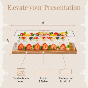 Cake Display with Lid – Acacia Wood Dessert Stand & Wooden Charcuterie Board with Lid for Loaf Cakes, Bread, Pastries, Cheese, Large Rectangle Wood Tray Platter & Acrylic Cover, 15 x 6.25
