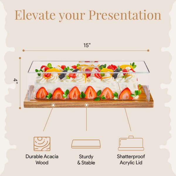 Cake Display with Lid – Acacia Wood Dessert Stand & Wooden Charcuterie Board with Lid for Loaf Cakes, Bread, Pastries, Cheese, Large Rectangle Wood Tray Platter & Acrylic Cover, 15 x 6.25